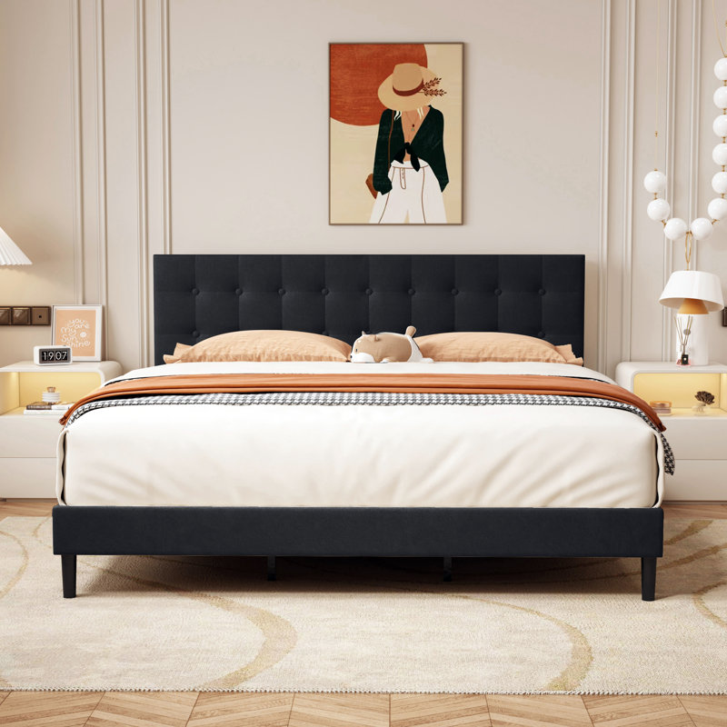 Modern Square Button Upholstered Platform Bed, Black, King