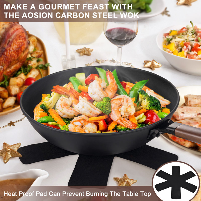 AOSION 13'' Black Carbon Steel Wok Set with Wooden Handle