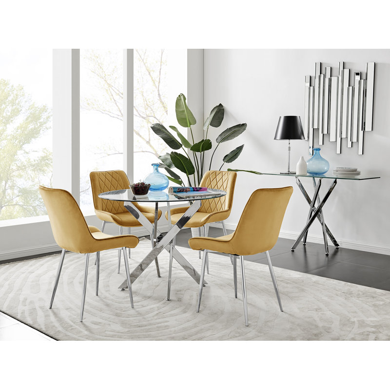 Tierra Modern Metal & Glass Round Dining Table Set with 4 Luxury Velvet Dining Chairs, Mustard/Silver