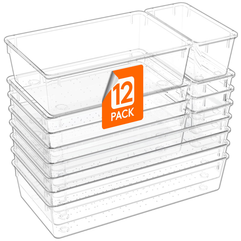 12 Pcs Large Bathroom Drawer Organizers, 3 Sizes Clear Plastic Storage Organizer Trays For Make Up, Kitchen Utensils, Vanity Accessories In Bathroom/Office/Dresser Organization