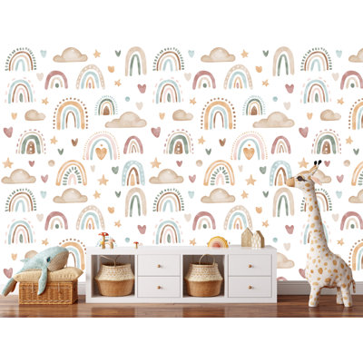 Cute Boho Rainbows and Clouds 10' L x 24" W Peel and Stick Wallpaper Roll