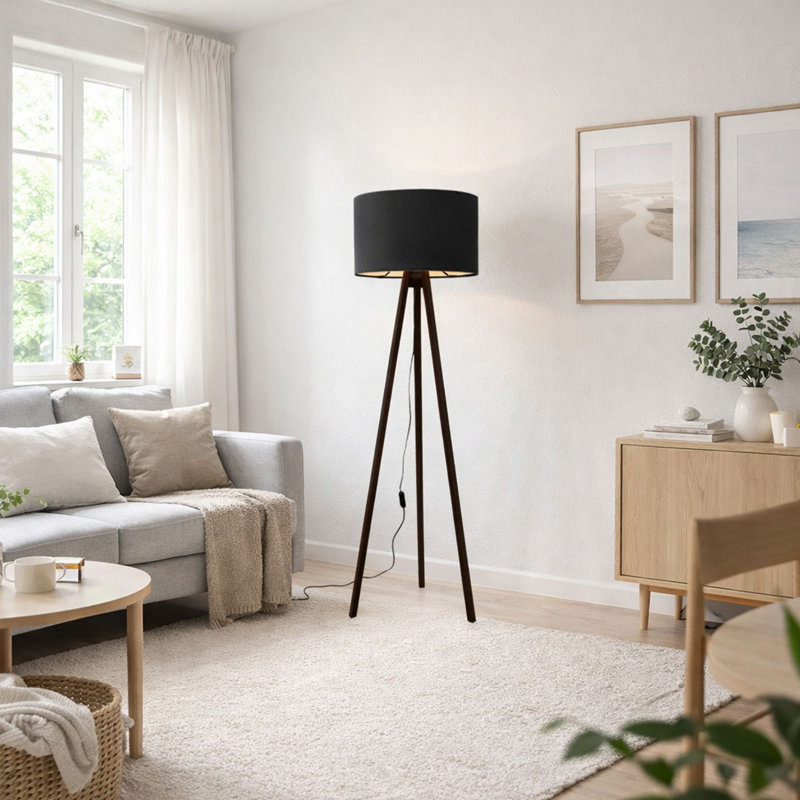 Modern Black Floor Lamp, 55.1 Inches Tall, Scandinavian Design | 100% PVC Shade & MDF Legs, E27 Socket (Max 40W) | Elegant Solid Color Lighting for Living Room, Bedroom, and Home Office Décor