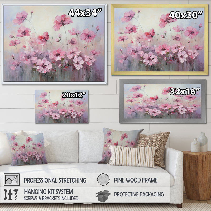 Nature morte aux géraniums roses I, Cadre flottant blanc, H 34 po x l 44 po x P 1,5 po