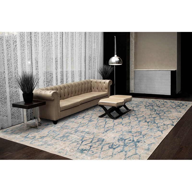 Tapis ivoire / bleu Alverez, Rectangle 6 pi 7 po x 9 pi 6 po