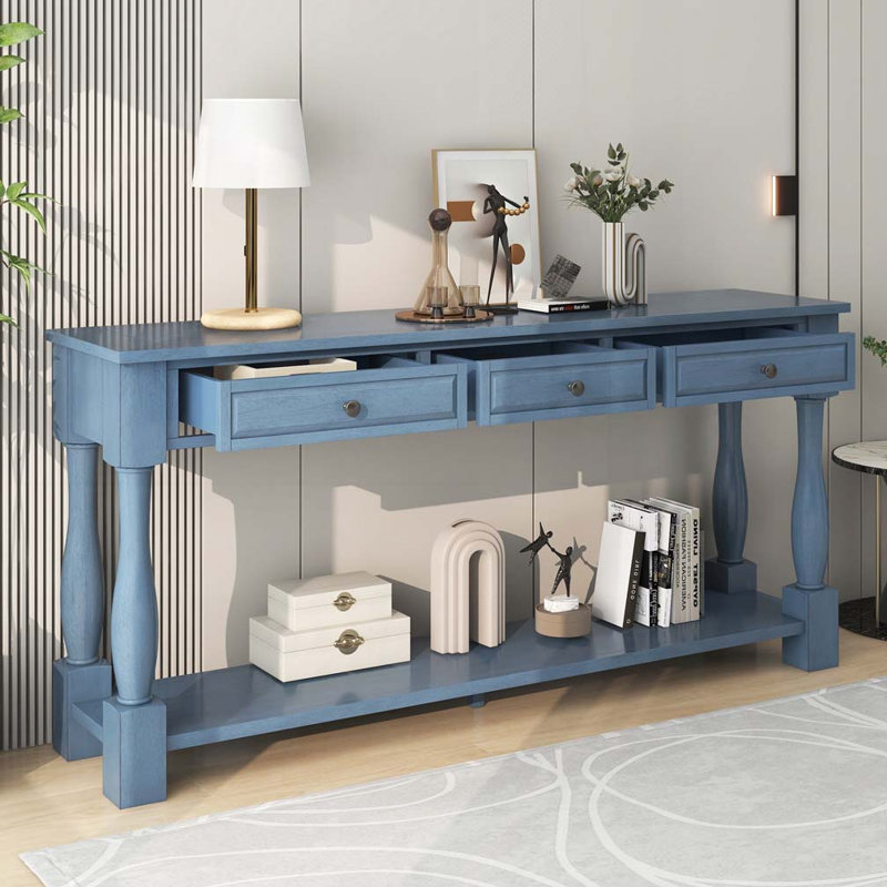 Console de 63 po de long avec tiroirs et tablette, Marine