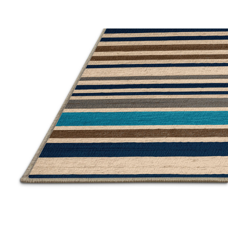 Washable Ocean Blue Sand Striped Area Rug, Rectangle 5' x 8'
