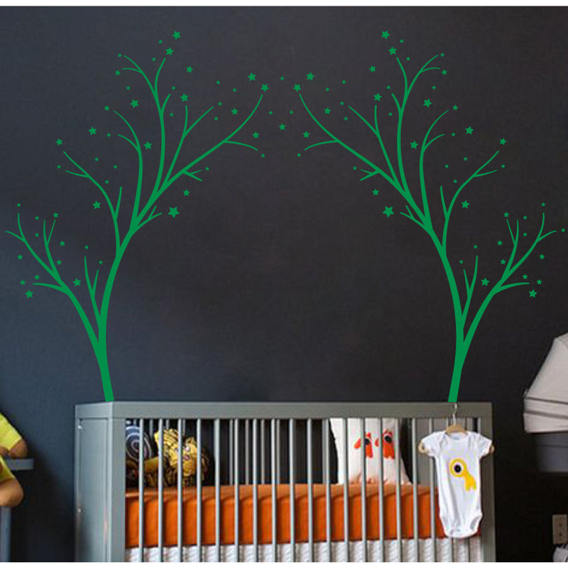 Décalcomanie murale arbres étoiles, H 80 po x l 99 po x P 0,01 po, Vert clair