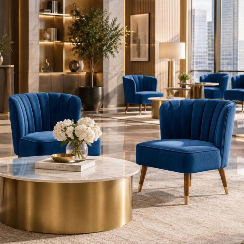 Chaise d'appoint moderne en velours avec dossier fleuri capitonné, Blue