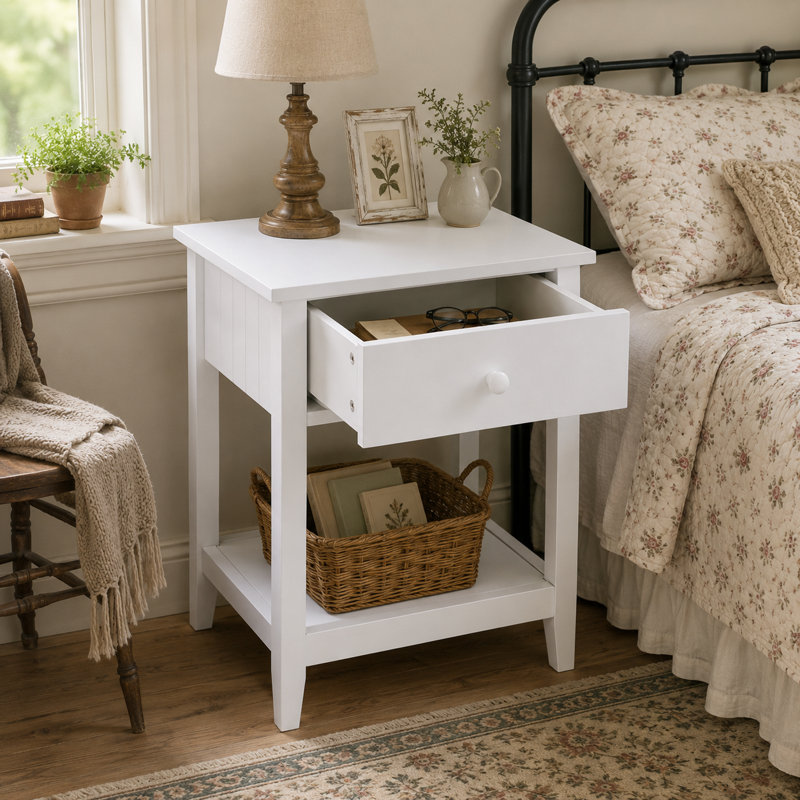 Table de chevet compacte à deux niveaux avec tiroir rond et tablette de rangement pour chambre d'enfant et chambre d'amis de style scandinave