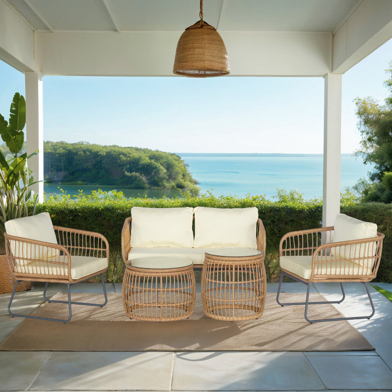 Gonneke 4-Person Outdoor Patio Seating Group with Cushions & 2 Coffee Table, Cream