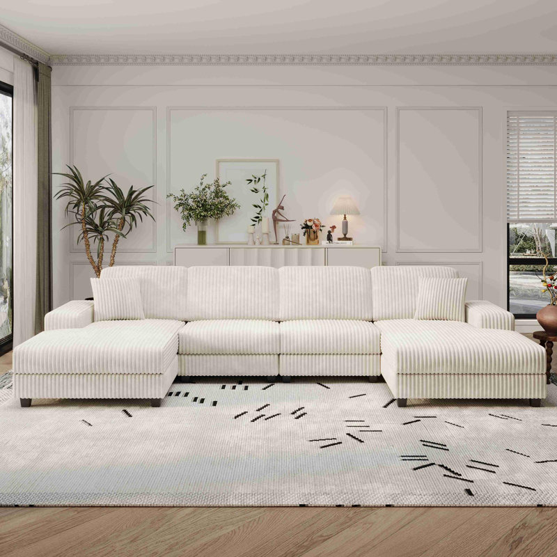 Convertible U-shaped Combination Sofa, Beige Corduroy