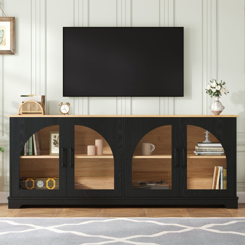 Meuble télé semi-arqué avec portes en verre et tablettes réglables, Noir