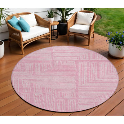 8' Pink Round Geometric Washable Indoor Outdoor Area Rug