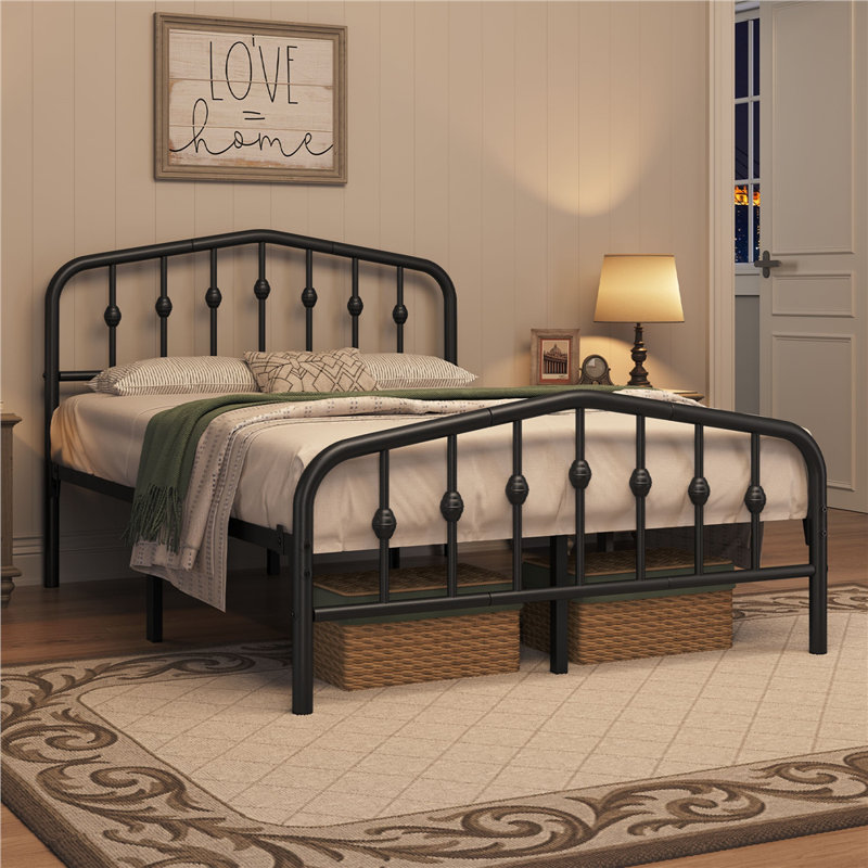Metal Bed with Arched Headboard and Footboard, Black, Double (4'6)