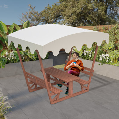 Outdoor Wood Picnic Table And Bench Set With Removable Canopy