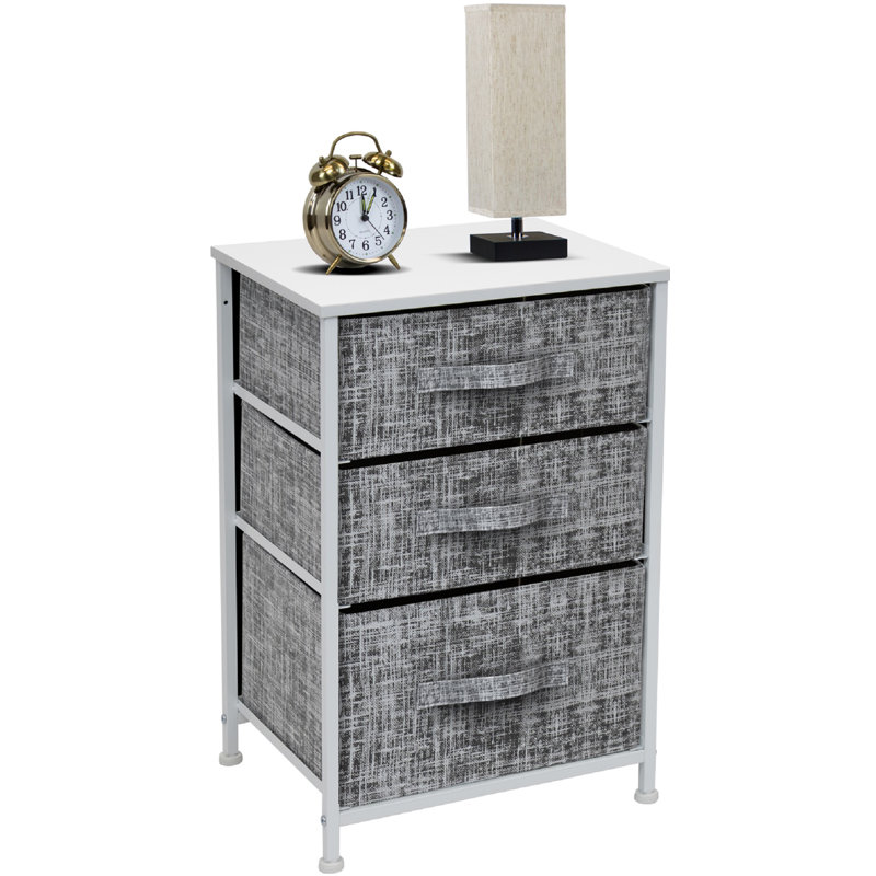 Sorbus 3 Drawers Nightstand with Steel Frame, Wood Top & Fabric Bins, White/Gray