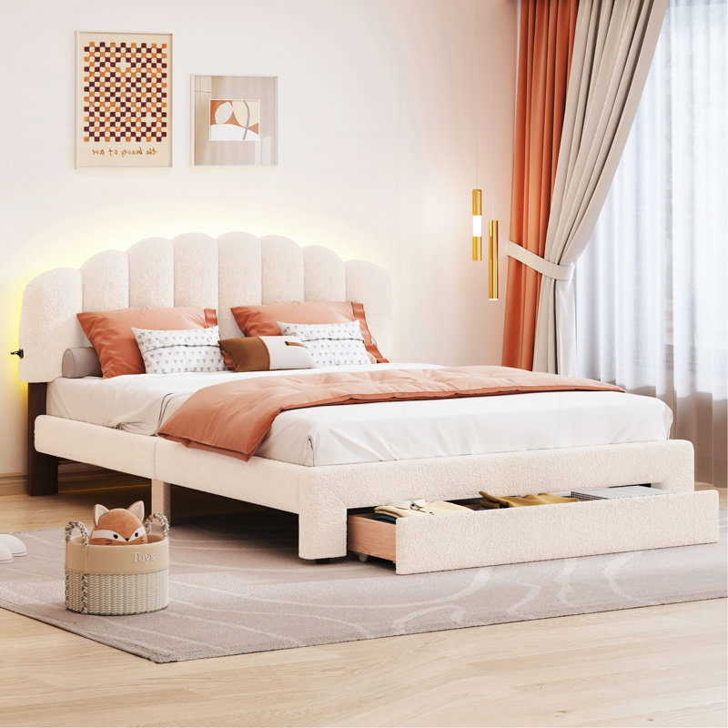 Lit plateforme tapissier avec tiroir Teddy