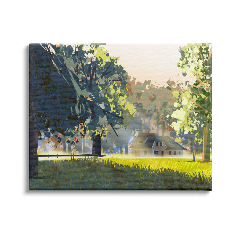 «Modern Cottage Home Landscape», formes géométriques abstraites, arbres blancs, estampe numérique, art texturé par Ziwei Li