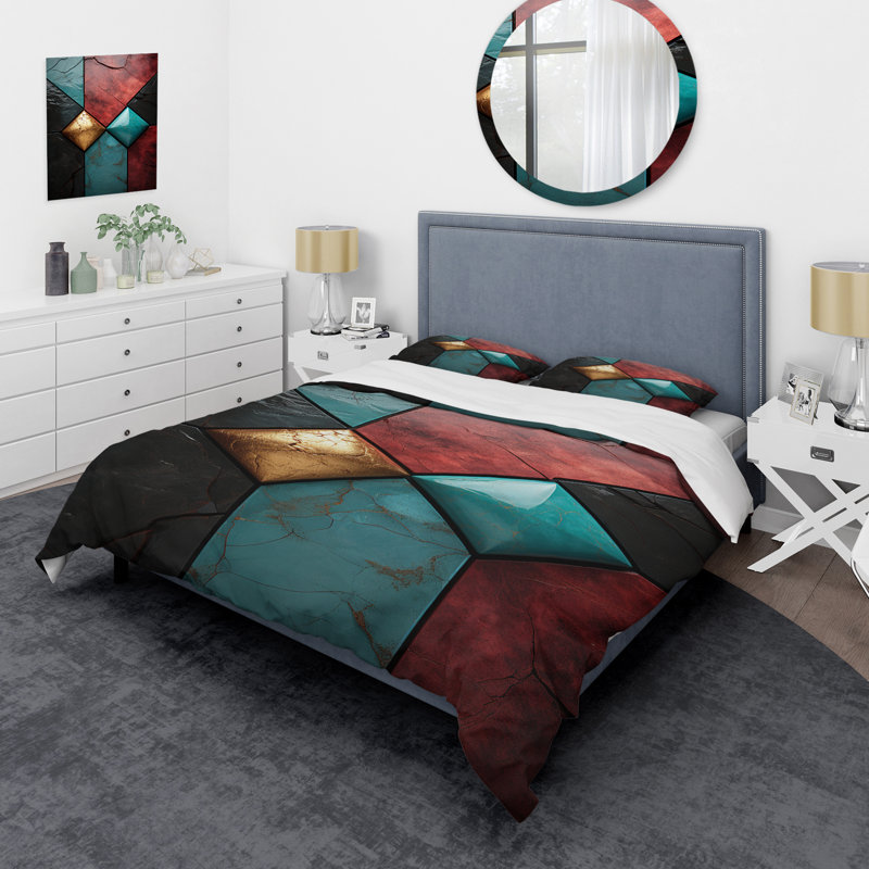 Carreaux de chevron bleu et rouge Elegance II - Ensemble de housse de couette à carreaux abstraits