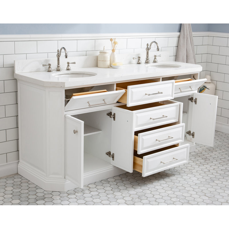 Bruning 72" Carrara Engineered Marble Countertop Bath Vanity with Faucet, Polished Nickel Deck Mount, Pure White, Hook