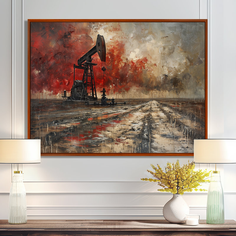 «Red Winter Oil Fields Industrial Icon II - Oil Rigs / Fields», reproduction d'art murale, Toile brune avec cadre flottant