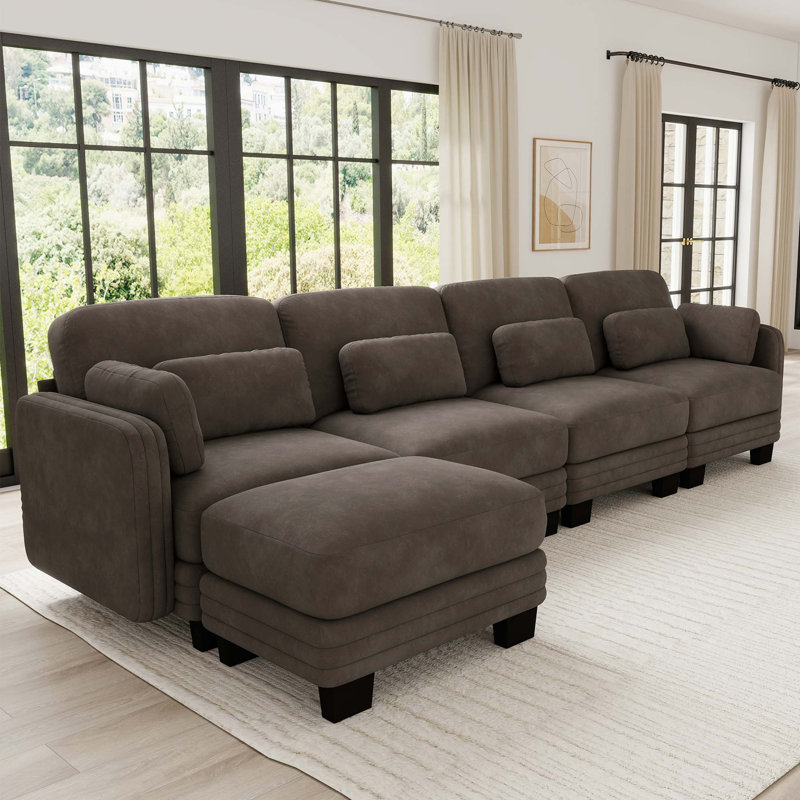 Canapé d'angle modulaire capitonné avec pouf amovible, Brown Chenille, 35" H x 130" W x 56.3" D
