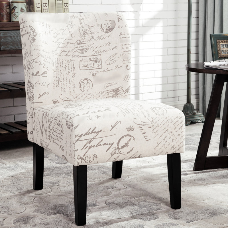 Chaise à imprimé lettres anglaises en mélange de blanc, sans accoudoirs, style contemporain, dossier et pieds amovibles, 54,7 cm (l) x 75,6 cm (p) x 84,2 cm (h), revêtement en tissu.