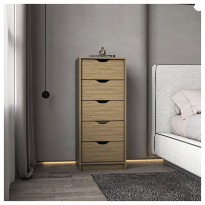 Commode 5 tiroirs H 42 po mince, chêne naturel beige - solution de rangement peu encombrante