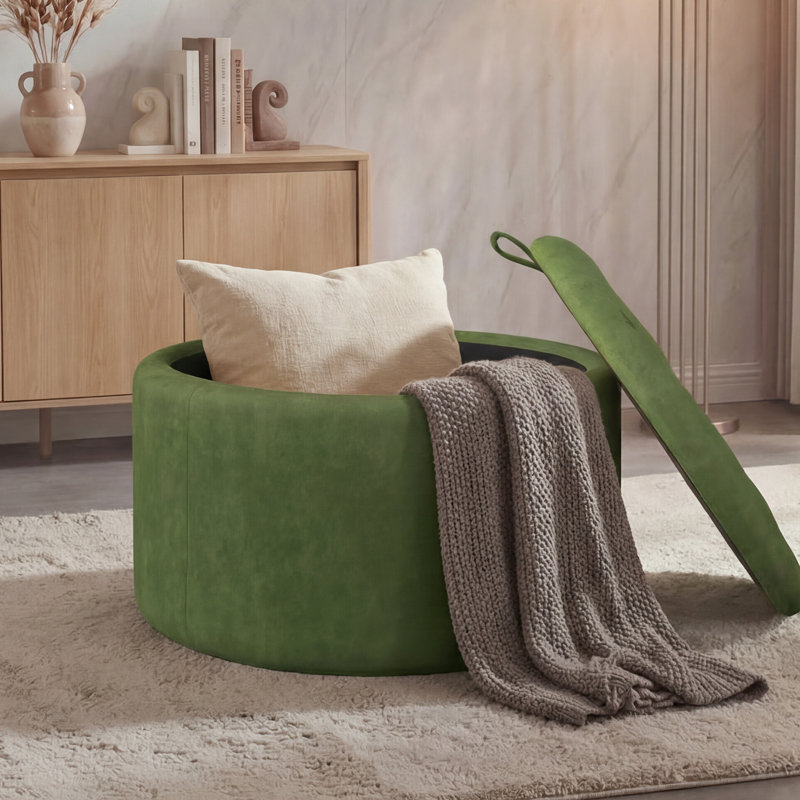 Repose-pieds capitonné rond 27,2 po avec rangement, Velvet - Green