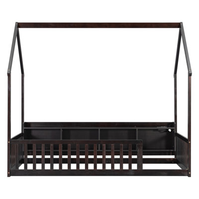 Lit simple au sol avec tablettes de rangement, lumières à DEL intégrées et station de charge, lit en bois de pin avec garde-corps de sécurité, espresso