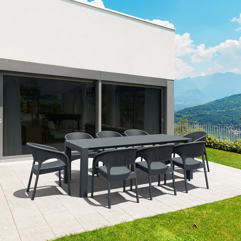 8 - Person Patio Dining Set with Extendable Rectangular Table, Dark Gray
