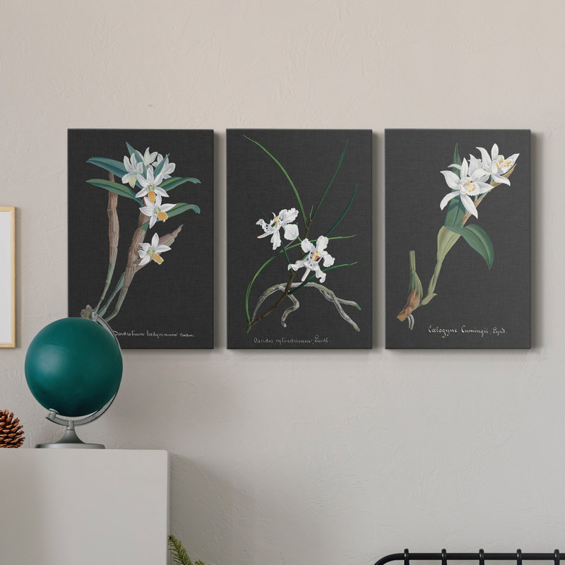Orchidée sur ardoise I - Ensemble de 3 toiles tendues, H 18 po x l 36 po x P 1 po