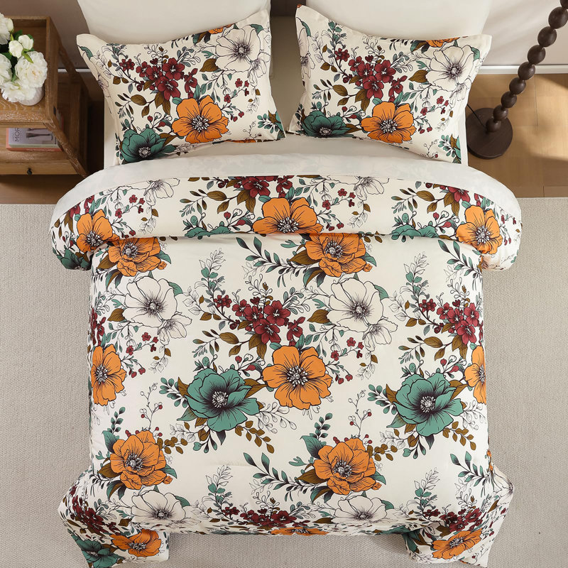 Ensemble d'édredon floral 7 pièces, lit toutes saisons en microfibre douce dans un sac avec draps