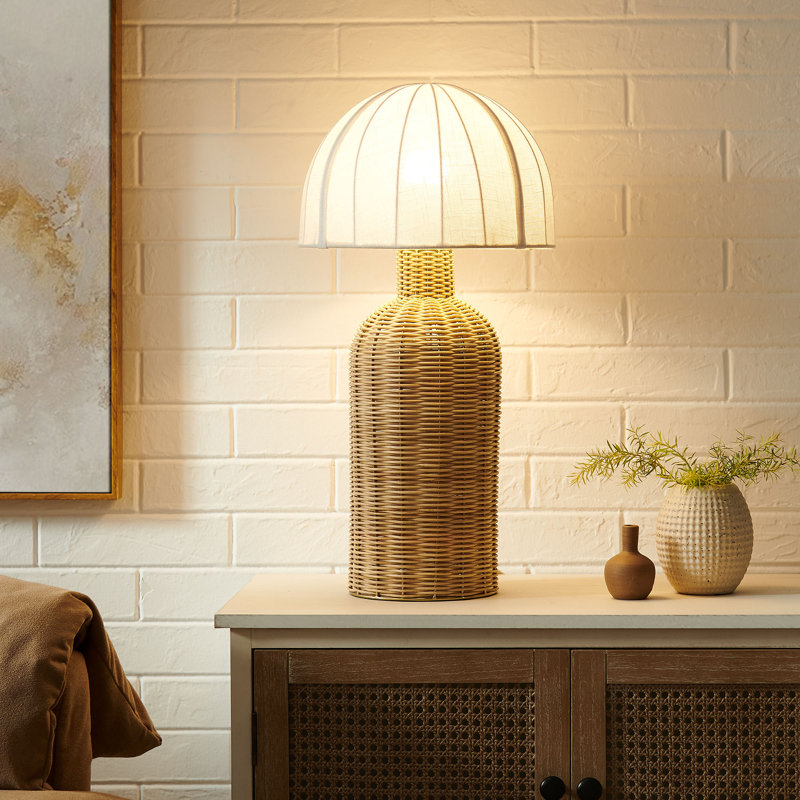 Santo Rattan Table Lamp With Dome Shade In White Natural