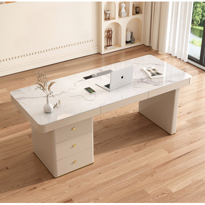 Cream-Style Sintered Stone Desk with Drawer Cabinet