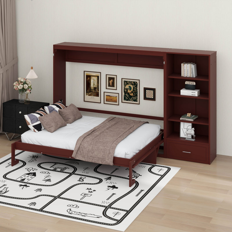 Grand lit escamotable avec tablettes et tiroirs de rangement à hauteur réglable, lit plateforme pliable multifonctionnel