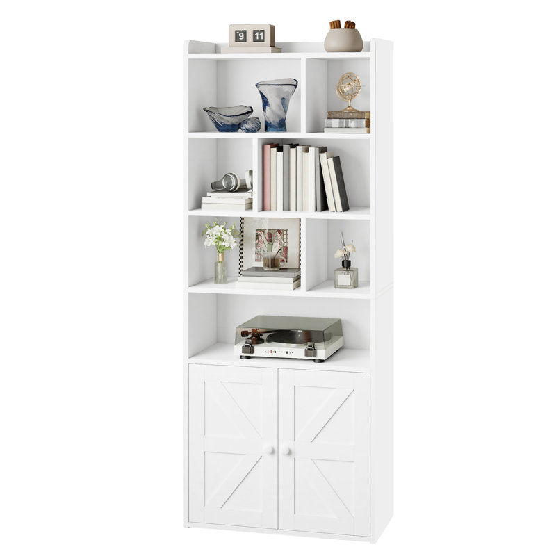 Bookcase With Open Cubbies & Cabinet, White, (4 Shelves) 159cm. H x 60cm. W x 30cm. D