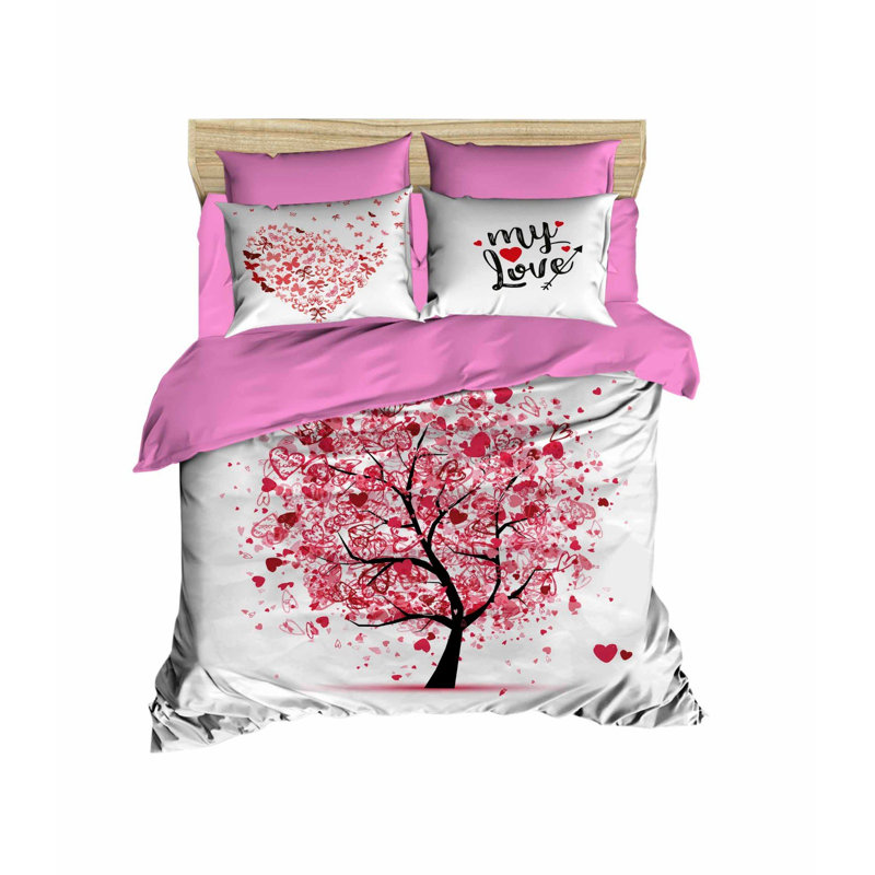 King Quilt Cover Set, 100% Polyester Microsatin & Cotton, 240 x 87 inches | High-Quality 3D Printed Design, Zipper Closure, Machine Washable, 2 Pillowcases with Envelope Flap | Elegant White, Pink & Red Colors