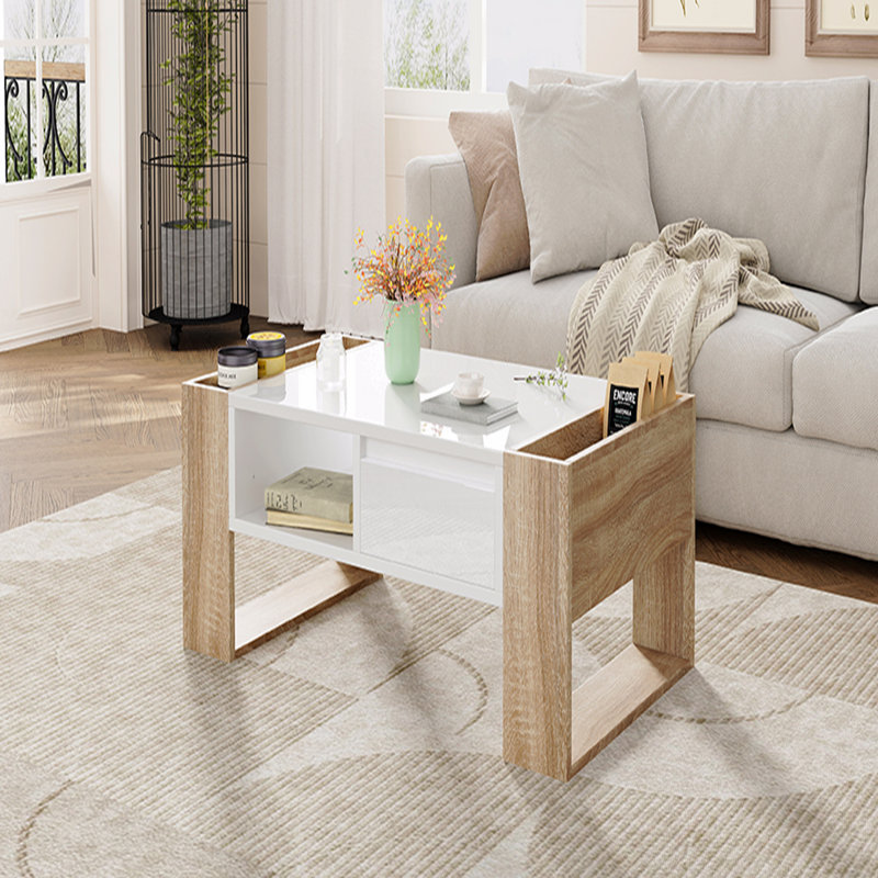 Table basse haute brillance avec 2 tiroirs, table centrale pratique à deux tons avec compartiments cachés, table de cocktail rectangulaire avec tablette de rangement ouverte