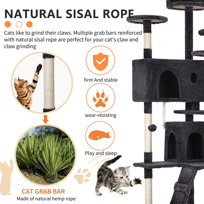 Dark Gray 70'' Faux Fur and Sisal Cat Tree Tower