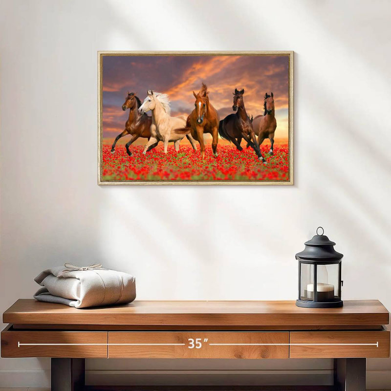Mustang Horses, 19" X 13", Floating Frame Natural Wood
