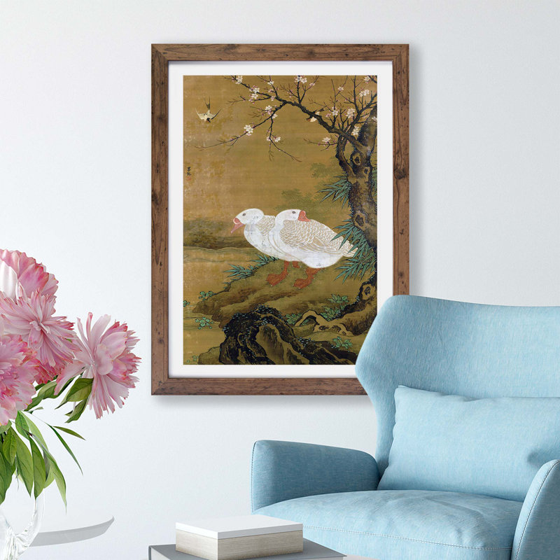 Two Geese by Lu Ji - Framed Print, 33cm H x 45cm W x 2cm D, Walnut