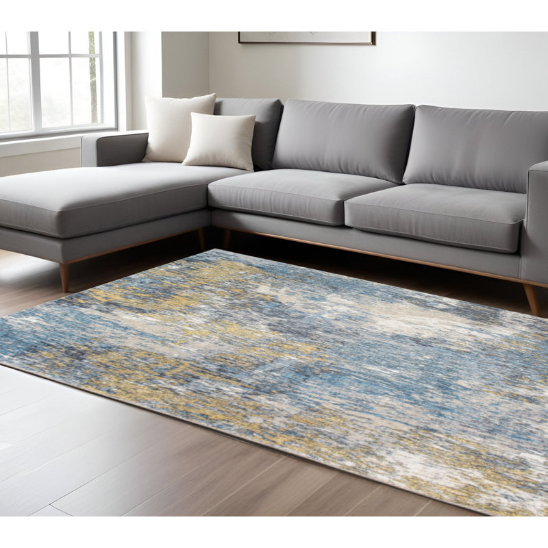 Tapis de couloir moderne bleu et abstrait, Rectangle 6 pi x 9 pi