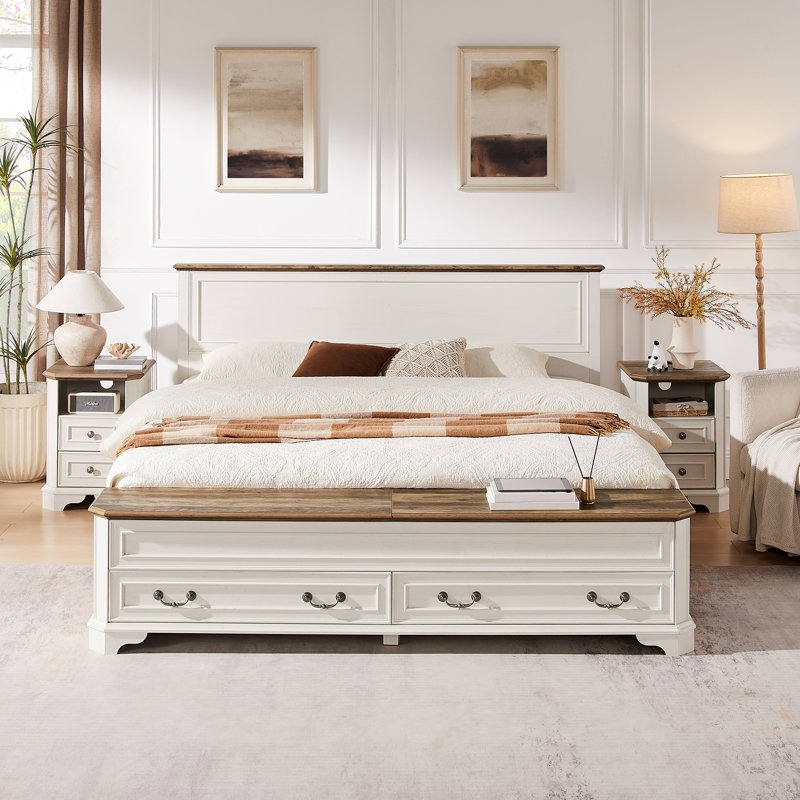 Farmhouse King Bed With 80" Tall Storage Headboard With 4 Drawers And Storage Bench，Rustic Wood Platform Bed Frame, King