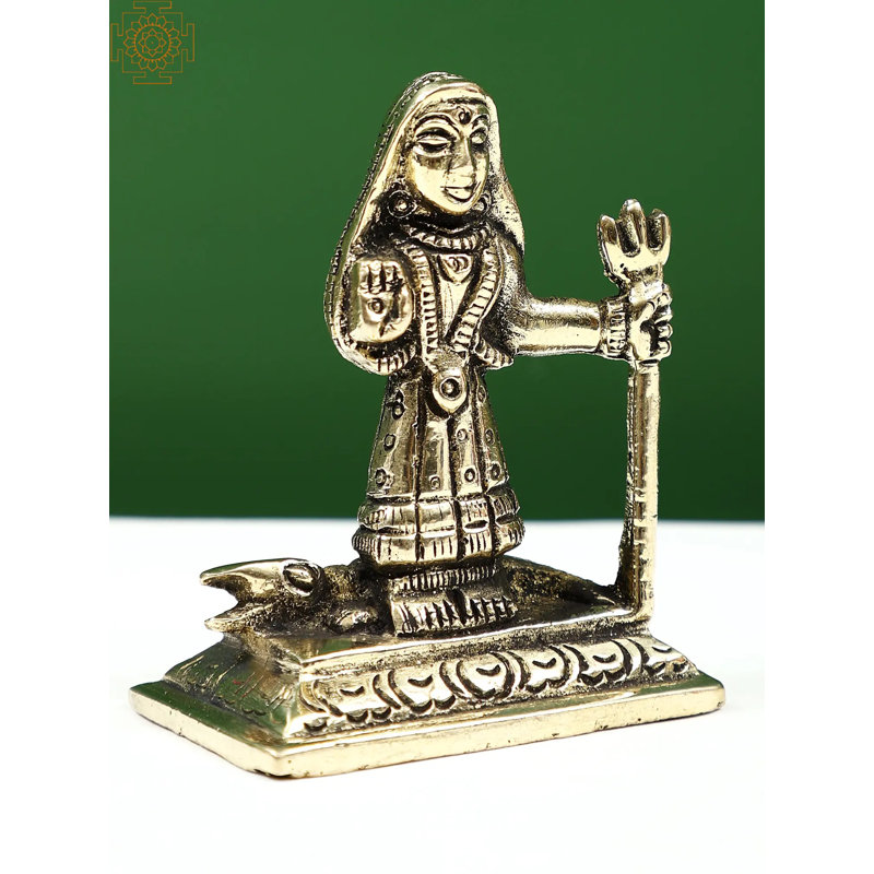 Small Brass Khodiyar Mata Statue – Handmade Hindu Goddess Sculpture with Crocodile Mount and Trident for Spiritual Home Décor
