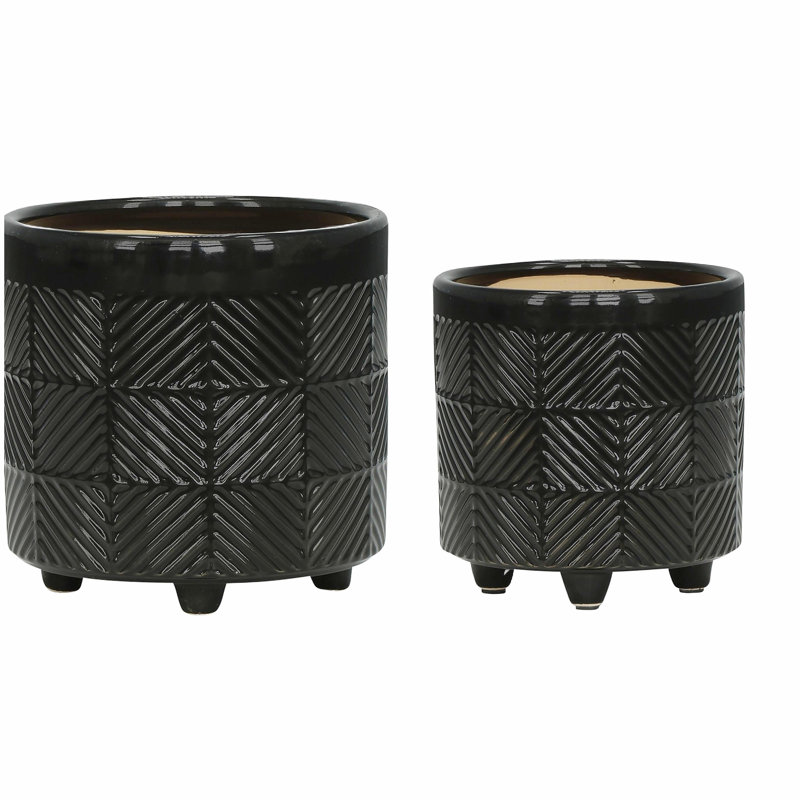 S/2 6/8" Textured Planters, Shiny Black, Black