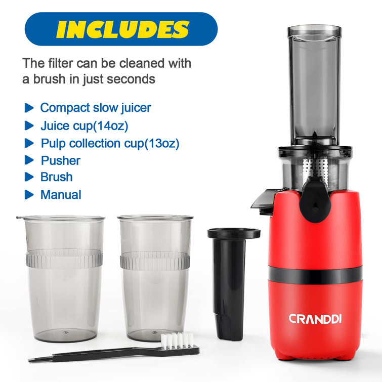 Compact Juicer, Easy to Clean, Mini Juicer with Reverse Function, Cold Fruit and Vegetable Juicer with Brush, Red C&G Outdoors