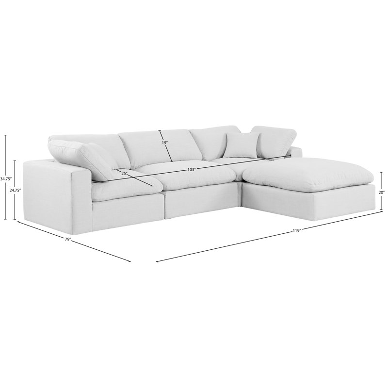 Canapé modulaire 4 pièces rembourré, Tissu texturé en lin blanc