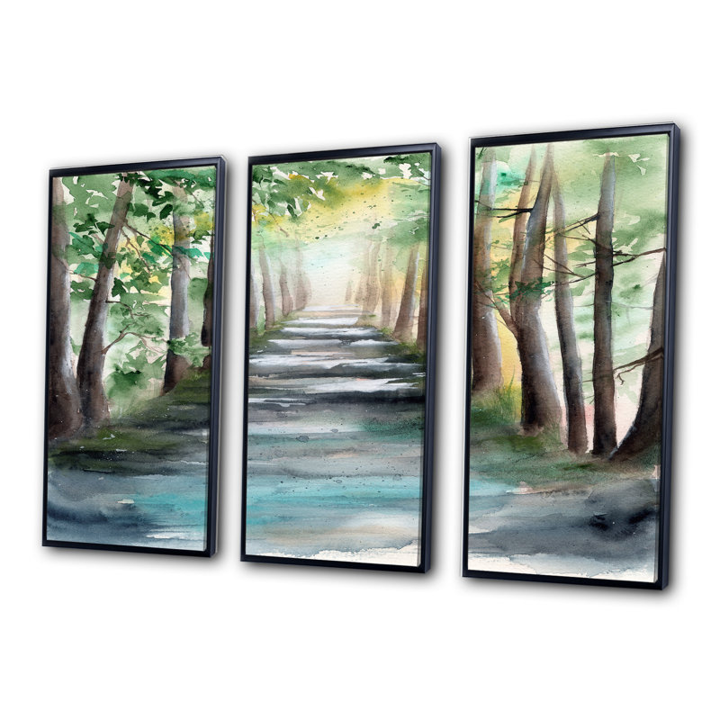 «A Sunlit Forest Alley with Tree Shadows I», ensemble d'art mural sur toile encadré traditionnel de 3, Cadre noir