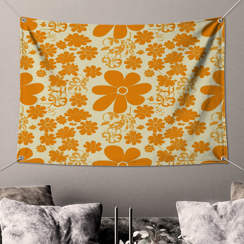 Tapisserie murale orange à motif floral - Décoration murale fleurs, 68in H x80in W with 4 Grommets